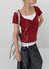 Pebel Square Neck Shirring Frill Short Sleeve T-shirt