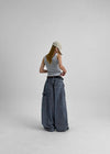 Elle Stripe Carpenter Back Banding Balloon Denim Pants