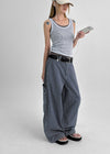 Elle Stripe Carpenter Back Banding Balloon Denim Pants