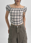 Lancome Off-shoulder Check Crop Short-sleeve Blouse