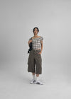 Lancome Off-shoulder Check Crop Short-sleeve Blouse