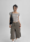 Lancome Off-shoulder Check Crop Short-sleeve Blouse