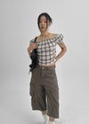 Lancome Off-shoulder Check Crop Short-sleeve Blouse