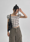 Lancome Off-shoulder Check Crop Short-sleeve Blouse