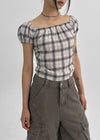 Lancome Off-shoulder Check Crop Short-sleeve Blouse