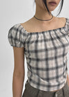 Lancome Off-shoulder Check Crop Short-sleeve Blouse