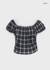 Lancome Off-shoulder Check Crop Short-sleeve Blouse