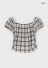 Lancome Off-shoulder Check Crop Short-sleeve Blouse