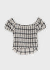 Lancome Off-shoulder Check Crop Short-sleeve Blouse