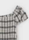 Lancome Off-shoulder Check Crop Short-sleeve Blouse