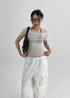 Romken See-through Off-shoulder Lettering Short-sleeve T-shirt