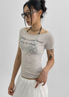 Romken See-through Off-shoulder Lettering Short-sleeve T-shirt