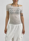 Romken See-through Off-shoulder Lettering Short-sleeve T-shirt