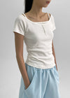 Belten Henley Neck Button Deep U-neck Short Sleeve T-shirt
