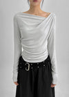 Parsley Rounding Unbalanced Shirring Long Sleeve T-shirt