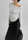 Parsley Rounding Unbalanced Shirring Long Sleeve T-shirt