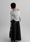 Parsley Rounding Unbalanced Shirring Long Sleeve T-shirt
