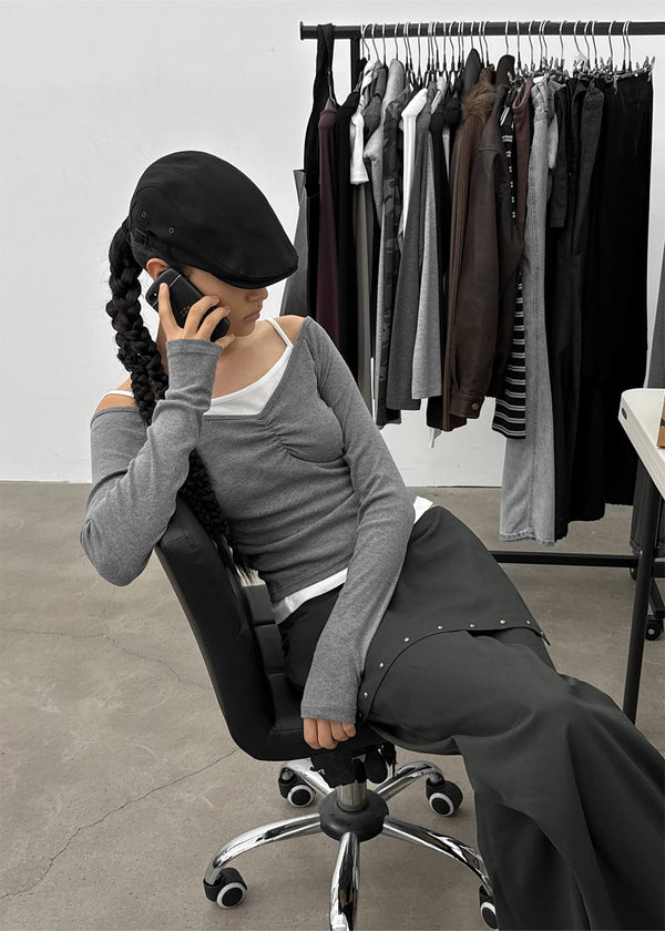 [MADE] Shabni V-neck Shirring Long-sleeved T-shirt