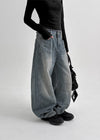 Remel Curved Washed Balloon Wide Denim Pants