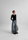 Remel Curved Washed Balloon Wide Denim Pants