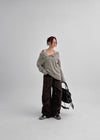 Chestnut Henley Neck Unbalanced Off-Shoulder Long Sleeve T-Shirt
