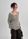 Chestnut Henley Neck Unbalanced Off-Shoulder Long Sleeve T-Shirt
