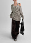 Chestnut Henley Neck Unbalanced Off-Shoulder Long Sleeve T-Shirt