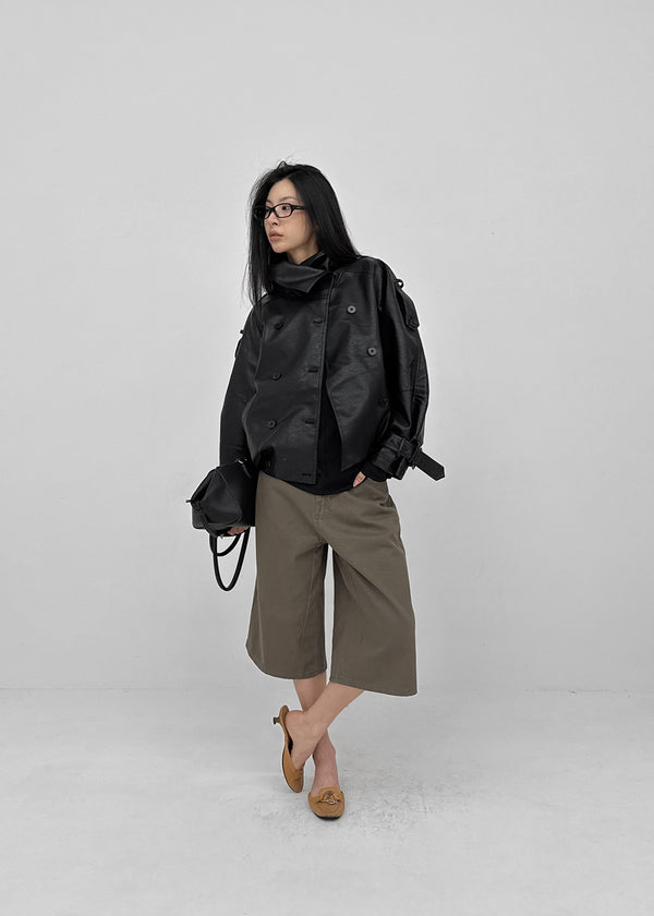 Tung-key high-neck double-button leather jacket