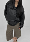 Tung-key high-neck double-button leather jacket