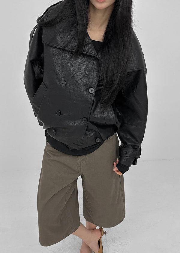 Tung-key high-neck double-button leather jacket