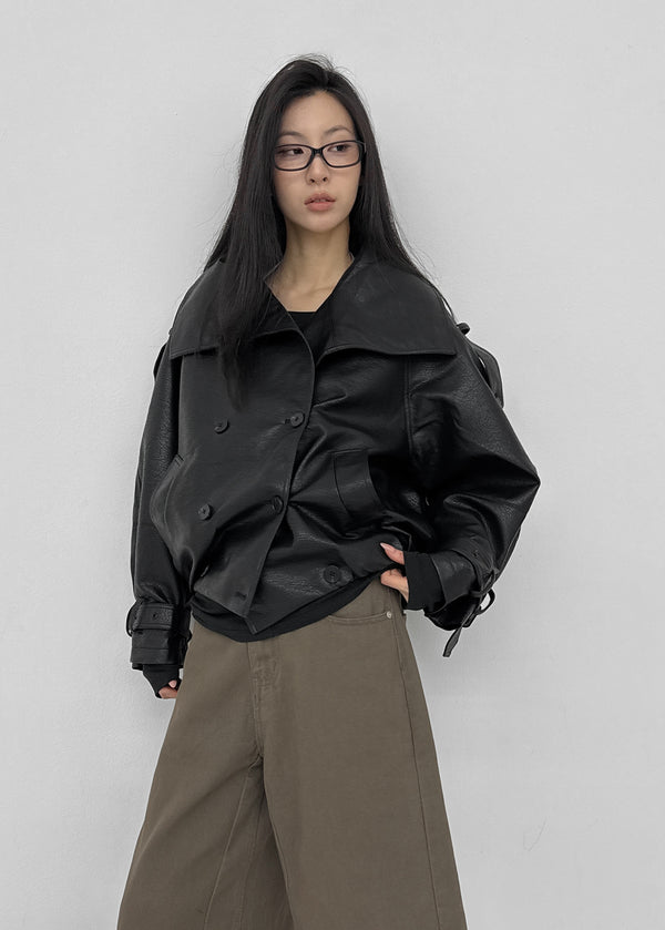 Tung-key high-neck double-button leather jacket