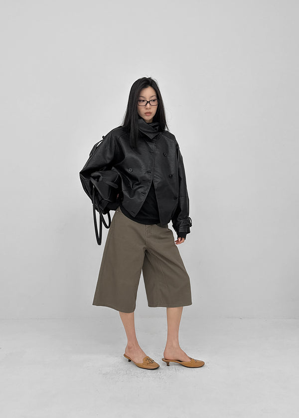 Tung-key high-neck double-button leather jacket