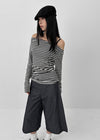 Robtot Stripe Shirring Boat Neck Long Sleeve T-shirt