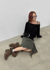 Clump-cut Denim Midi Skirt