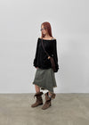 Clump-cut Denim Midi Skirt