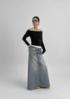 Country Fringe Denim Long Skirt (belt Set)