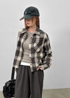 Hoto Peach Fleece Semi-crop Check Shirt