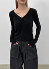 T-nock Fleece Shirring V-neck Long-sleeved T-shirt