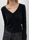 T-nock Fleece Shirring V-neck Long-sleeved T-shirt