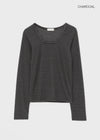 Dirun Fleece Striped U-neck Long-sleeved T-shirt