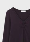 T-nock Fleece Shirring V-neck Long-sleeved T-shirt