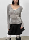 Aesra V-neck Button-down Wool Long-sleeved T-shirt