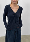 T-nock Fleece Shirring V-neck Long-sleeved T-shirt