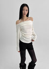 Poron Shirring Strap Off-shoulder Fleece Long-sleeved T-shirt