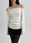 Poron Shirring Strap Off-shoulder Fleece Long-sleeved T-shirt