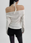 Poron Shirring Strap Off-shoulder Fleece Long-sleeved T-shirt