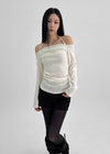 Poron Shirring Strap Off-shoulder Fleece Long-sleeved T-shirt