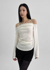 Poron Shirring Strap Off-shoulder Fleece Long-sleeved T-shirt