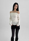 Poron Shirring Strap Off-shoulder Fleece Long-sleeved T-shirt