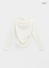 Poron Shirring Strap Off-shoulder Fleece Long-sleeved T-shirt